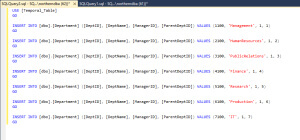 USE [Temporal_Table]; INSERT INTO [dbo].[Department] ([DeptID], [DeptName], [ManagerID], [ParentDeptID]) VALUES (1100, 'Management', 1, 1); INSERT INTO [dbo].[Department] ([DeptID], [DeptName], [ManagerID], [ParentDeptID]) VALUES (2100, 'HumanResources', 1, 2); INSERT INTO [dbo].[Department] ([DeptID], [DeptName], [ManagerID], [ParentDeptID]) VALUES (3100, 'PublicRelations', 1, 3); INSERT INTO [dbo].[Department] ([DeptID], [DeptName], [ManagerID], [ParentDeptID]) VALUES (4100, 'Finance', 1, 4); INSERT INTO [dbo].[Department] ([DeptID], [DeptName], [ManagerID], [ParentDeptID]) VALUES (5100, 'Research', 1, 5); INSERT INTO [dbo].[Department] ([DeptID], [DeptName], [ManagerID], [ParentDeptID]) VALUES (6100, 'Production', 1, 6); INSERT INTO [dbo].[Department] ([DeptID], [DeptName], [ManagerID], [ParentDeptID]) VALUES (7100, 'IT', 1, 7);