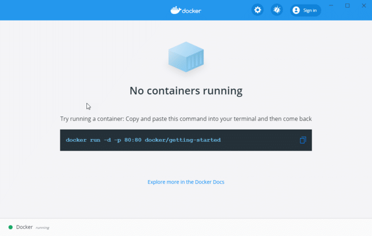 Docker Desktop show "no containers running" - and gives example
