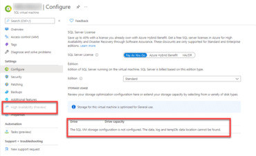 Azure SQL VM ohne Storage Configuration