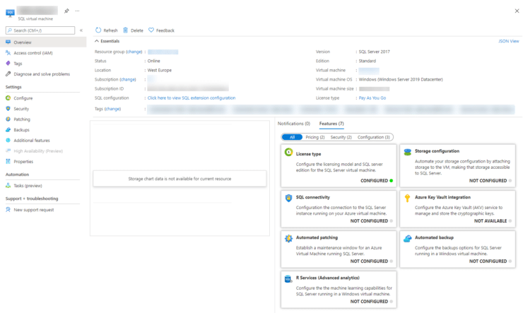 Azure SQL VM im Portal leider ohne Anzeige der verfügbaren und belegten Plattenkapazitäten