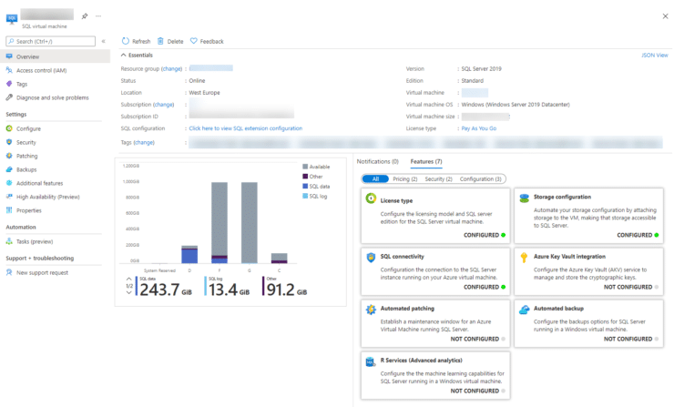 Azure SQL VM im Portal mit Anzeige der verfügbaren und belegten Plattenkapazitäten