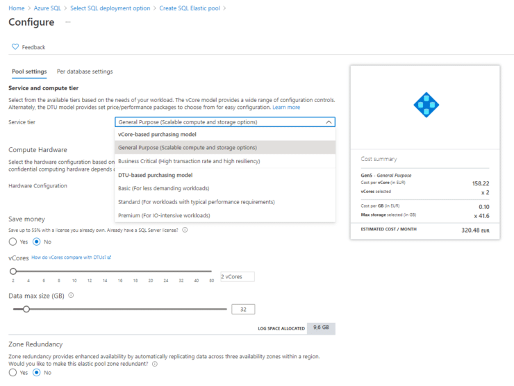 Azure SQL Database - Darstellung des Azure Portals - Auswahl der Performance-Klassen von Elastic Pools