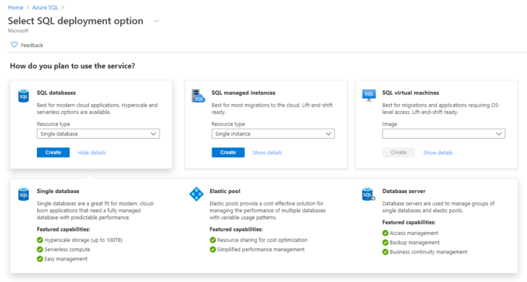 Azure SQL Database - Darstellung des Azure Portals - Auswahl der unterschiedlichen Services