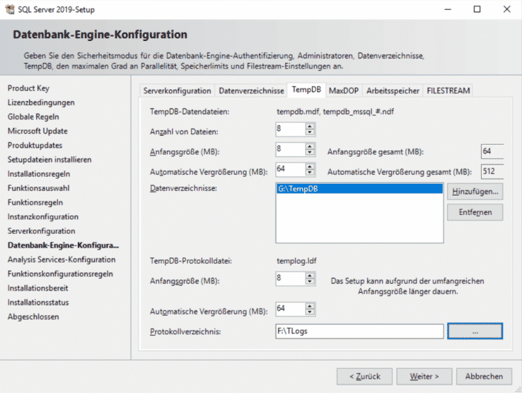 TempDB-Konfiguration - SQL Server 2019 Setup - Screenshot